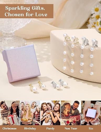 CASSIECA 14K Gold Plated Clip on Pearl Earrings for Women Girls - Long Dangle Pearl Drop Ear Clips for Wedding, Bridal Gifts thumbnail 7