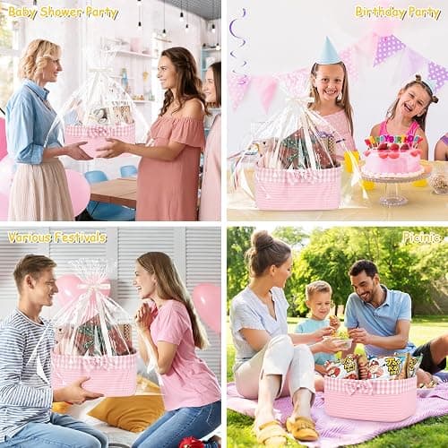 OIASKET Basket for Gifts Empty, Large Gift Basket 13L with Gift Bag and Ribbon, Woven Cotton Basket for Baby Showers, Birthday, Wedding, Mother's Day, 13.58"x10"x5.9", Pink thumbnail 4
