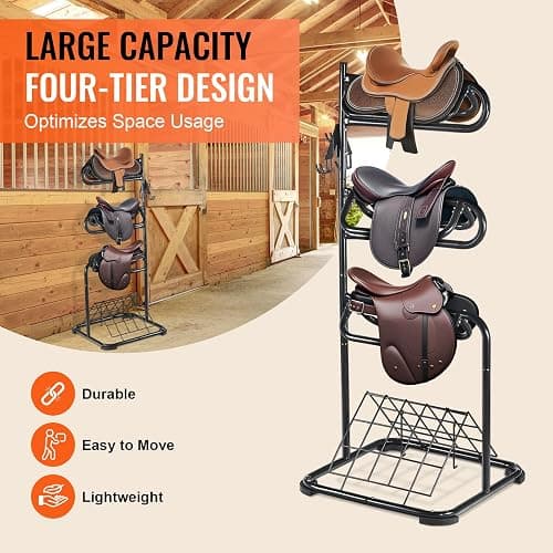 VEVOR Freestanding Saddle Stand, 30 x 30 x 68.5 in, 3 Tiers Saddle Rack, Heavy Duty Saddle Blanket Holder with Removable & Rotating Tiers, English & Western Saddle Rack for Tack Room Organization thumbnail 4