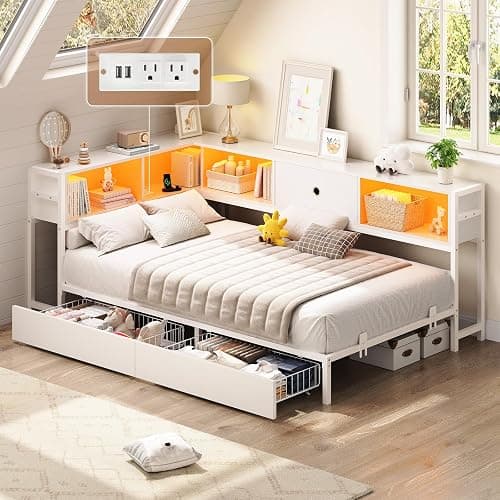 Hasuit Corner Twin Bed Frame with Storage Drawers and Bookcase Headboard, Twin Size Metal Platform Corner Bed Frame with Charging Station and LED Lights, Twin Daybed for Kids Teens Guests, White - Image 1
