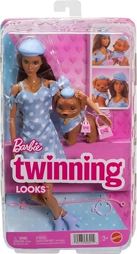 Barbie Twinning Looks Doll with Pet Dog in Matching Blue Polka Dot Clothes and Accessories for Both like Berets and Purses, Brown Hair, JFP38 thumbnail 6