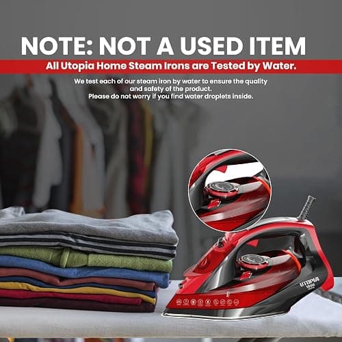 Utopia Home Steam Iron for Clothes - Non-Stick Soleplate - 1800W Clothes Iron With Auto-Off Safety Feature - Adjustable Thermostat Control, Variable Steam Control, Self-Clean, 8 Feet Cord (Black/Red) - Pack of 1 - Black-Red thumbnail 7
