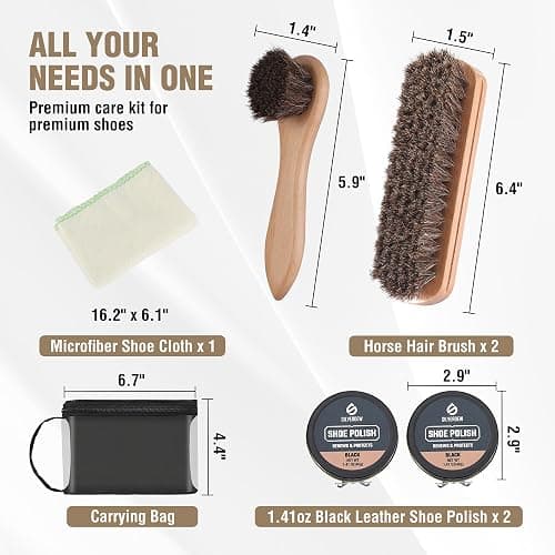 SILVERDEW 6-Piece Shoe Polish Kit, Portable Shoe Shine Kit Includes 2PCS Horsehair Brushes, 2PCS Black Shoe Polishes, Polishing Cloth and Carrying Bag, Leather Boot Care Kit for Men & Women thumbnail 2