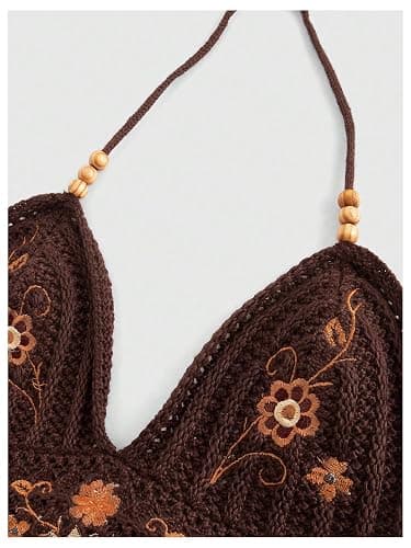 SHENHE Women's Open Back Knitted Halter Crop Top Tie Backless Embroidered Hippie Top thumbnail 3