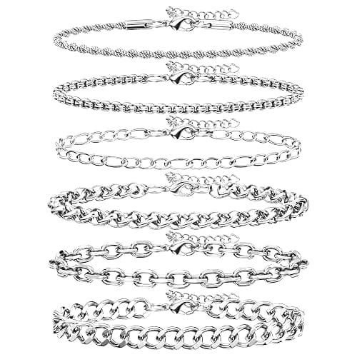 6PCS Stainless Steel Bracelets for Men, Silver Gold Black Sturdy Cuban Link Box Rope Wheat Chain Paperclip Figaro Bracelet for Women Men Jewelry Set - Image 1