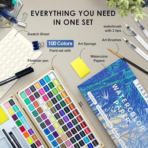 Watercolor Paint Set,100 Colors in Nature Bamboo Box,Portable Water Colors Kit with Papers and Brush Pens,Great for Kids Adults Beginners & Professionals thumbnail 3