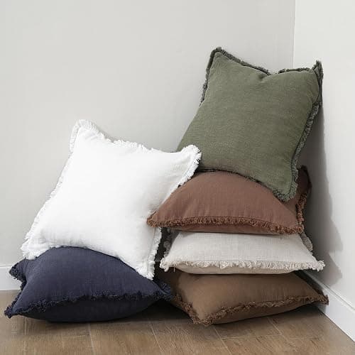 Foindtower Set of 2 Decorative Linen Fringe Throw Pillow Covers Cozy Boho Farmhouse Cushion Cover with Tassels Soft Accent Pillowcase for Couch Sofa Bed Living Room Home Decor, 22×22 Inch, Olive Green thumbnail 6
