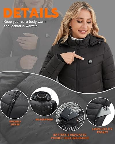 Vestego Heated Jackets for Women, Heated Jacket with 12V 20000mAh Battery Pack, 6 Heating Zones, Black thumbnail 3