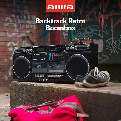 aiwa Retro Boombox BackTrack CD Player with Cassette Recording, Bluetooth 5.0, FM/AM Radio, USB/SD/AUX Inputs, VU Meters, LCD Display, Dual 40W Speakers (Black and Gold) thumbnail 9