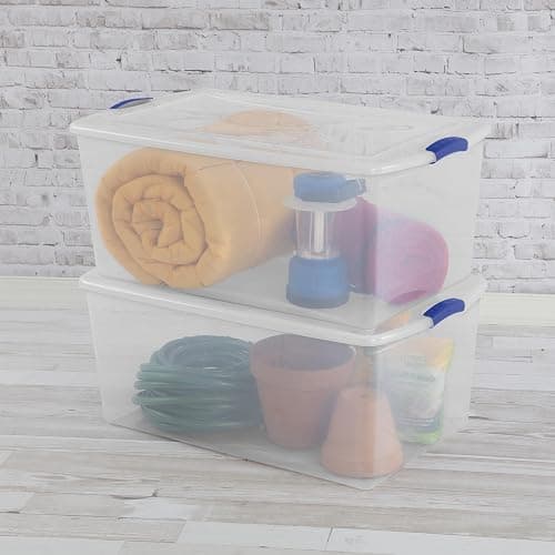 2 Pack 105 Quart Extra Large Clear Plastic Storage Bins with Lids & Blue Latches, Heavy Duty Stackable Organizer Bins for Home, Closet, Bedroom, Garage, Dorm thumbnail 7