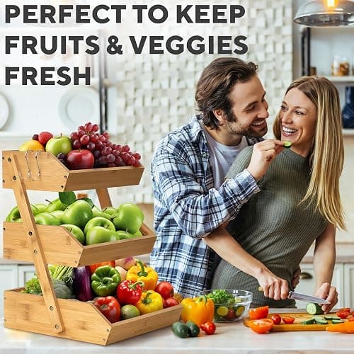KOMFORA Bamboo Fruit Basket 3-Tier - Premium Produce Basket for Kitchen w/ 2 Hangers - Durable & Easy to Assemble Stand for Countertop - Perfect Holder for Vegetables, Bread, Snacks & More thumbnail 2