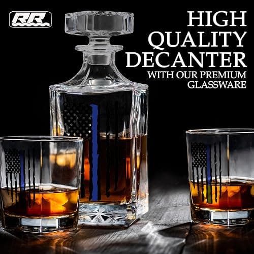 Rogue River Tactical Blue Line Tattered Flag Police Officer Whiskey Decanter Gift Set With 2 Glasses Custom Gift For Men Dad Father's Day PD Police Officer thumbnail 4