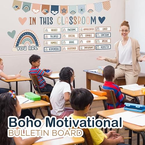 4E's Novelty 36 Pcs “in This Classroom You are” Boho Classroom Bulletin Board Sets, Boho Motivational Bulletin Board Decorations with Rainbow, & Positive Affirmations School Wall Decor Classroom thumbnail 6