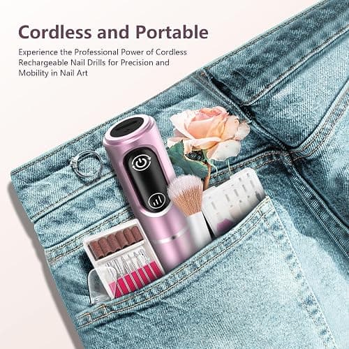TUOBEO Cordless Nail Drill Electric Rechargeable File Kit, Professional Efile Acrylic Gel Nail Polish Remover Pedicure Manicure Machine Portable Set with 11 Bits 56 Sanding Bands (Pink) thumbnail 7