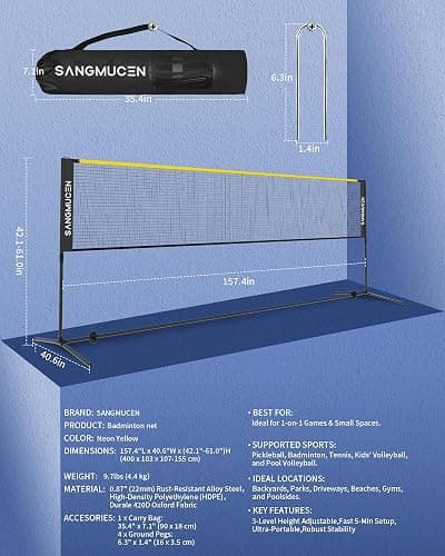 SANGMUCEN 10/13/16.5ft Portable Badminton Net Set Outdoor and Indoor, Height Adjustable Sports Net for Volleyball, Pickleball, Tennis,Stable Alloy Steel Frame and Carry Bag for Backyard, Beach, Pool thumbnail 9