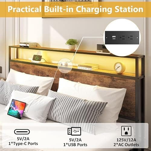 Lifezone Full Bed Frame with 2-Tier Storage Headboard, Metal Platform Bed Frame with 4 Storage Drawers, Built in Charging Station & LED, Noise-Free/Metal Support/No Box Spring Needed, Vintage Brown thumbnail 4
