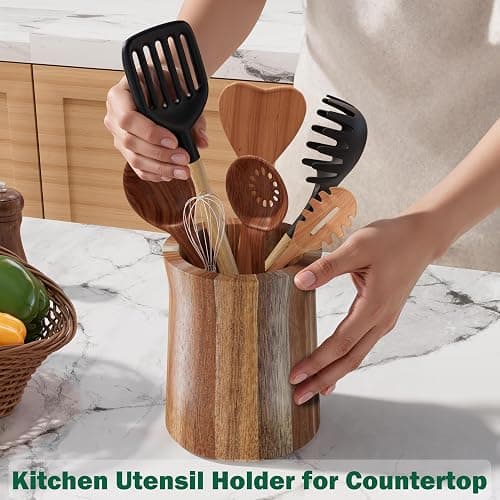 Segtenant Utensil Holder, Acacia Wood Utensil Holder for Kitchen Counter, 360° Rotating Cooking Utensil Crocks for Countertop, 7.2" Large Utensil Organizer for Spatula Storage thumbnail 5
