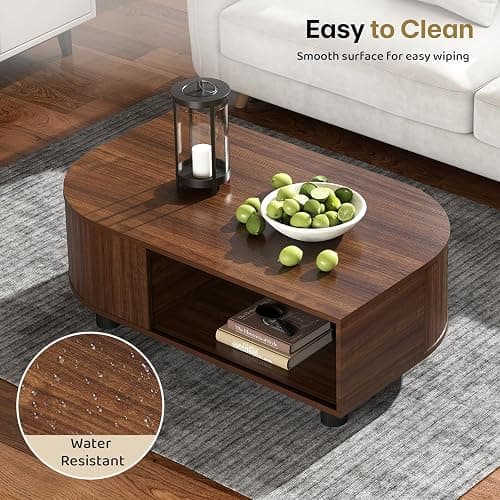 sunmiler Mid-Century Modern 39.4" Coffee Table - Leaf-Shaped Wood Center Table with Storage, Retro Fluted Central Table with Sliding Door & Large Hidden Compartment, for Living Room, Office, Walnut - Walnut thumbnail 7