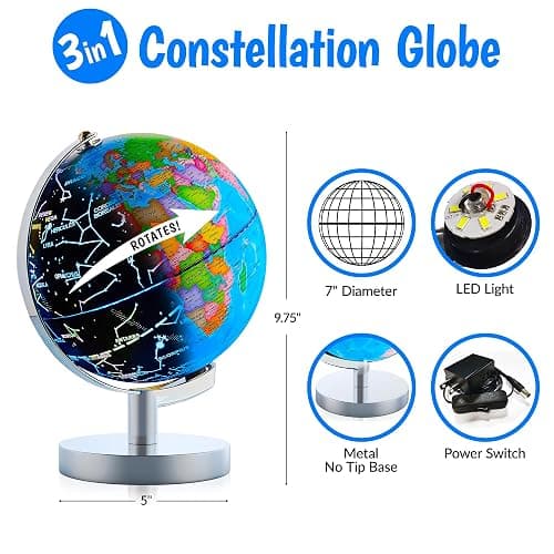 USA Toyz Illuminated Globe for Kids Learning- 3-in-1 STEM Globes of the World with Stand, Constellation Map, Built-in LED Night Light Desk Globe Lamp, Non-Tip Metal Base, 9.75” Tall, 7 Inch Diameter thumbnail 5