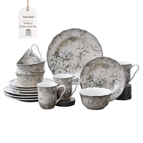 222 Fifth Adelaide 16-Piece Traditional Antique White Porcelain Dinnerware Set – Service for 4, Romantic Bird & Floral Design, for Everyday Dining & Entertainment, Microwave & Dishwasher Safe - Image 1