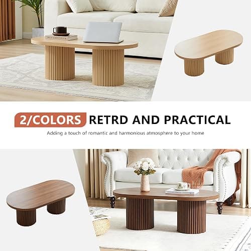 RUSTYER Oval Fluted Coffee Table, Farmhouse Wood Coffee Table Mid Century Modern Center Table Boho Living Room Tables for Living Room Office (Walnut, 19.69" D x 39.38" W x 13.78" H) - Walnut - 19.69"D x 39.38"W x 13.78"H thumbnail 6