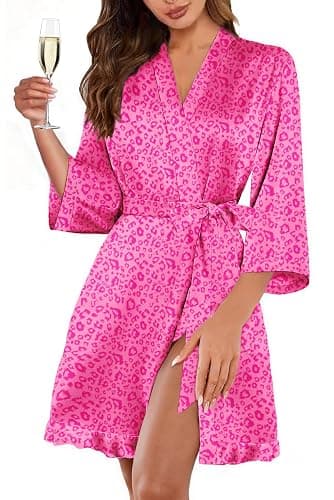 Ekouaer Women's Satin Robes Silk Kimono Bath Robe Short Ruffled Hem Bride Bridesmaid Sleepwear with Pockets - Image 1