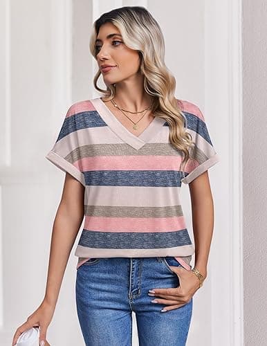 Zeagoo Womens Summer Tops Rolled Short Sleeve V Neck Shirts Casual Dressy Business Work Blouses Outfits thumbnail 6