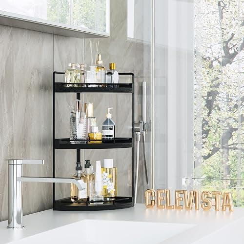 CeleVista Corner Bathroom Counter Organizer, 3 Tier Bathroom Sink Shelf Countertop, Wood Vanity Skincare Storage for Toiletries Decor, Makeup, Dresser(Black) thumbnail 8