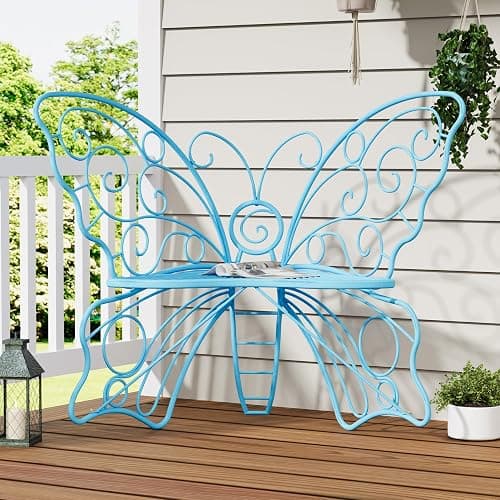 Decoccino 49 Inch Outdoor Bench, Blue Garden Bench with Metal Frame, Weatherproof Butterfly Front Porch Benches for Lawn, Garden, Yard, Balcony - Image 1