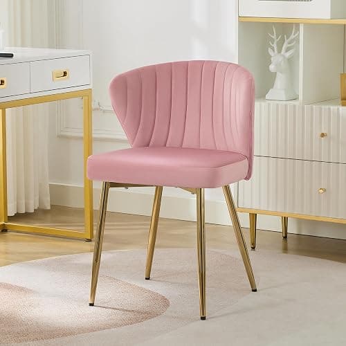 WUTUTUEE Velvet Vanity Chair, Modern Makeup Chair with Back Golden Legs, Small Cute Accent Chair for Vanity, Living Room, Bedroom, Pink - Image 1