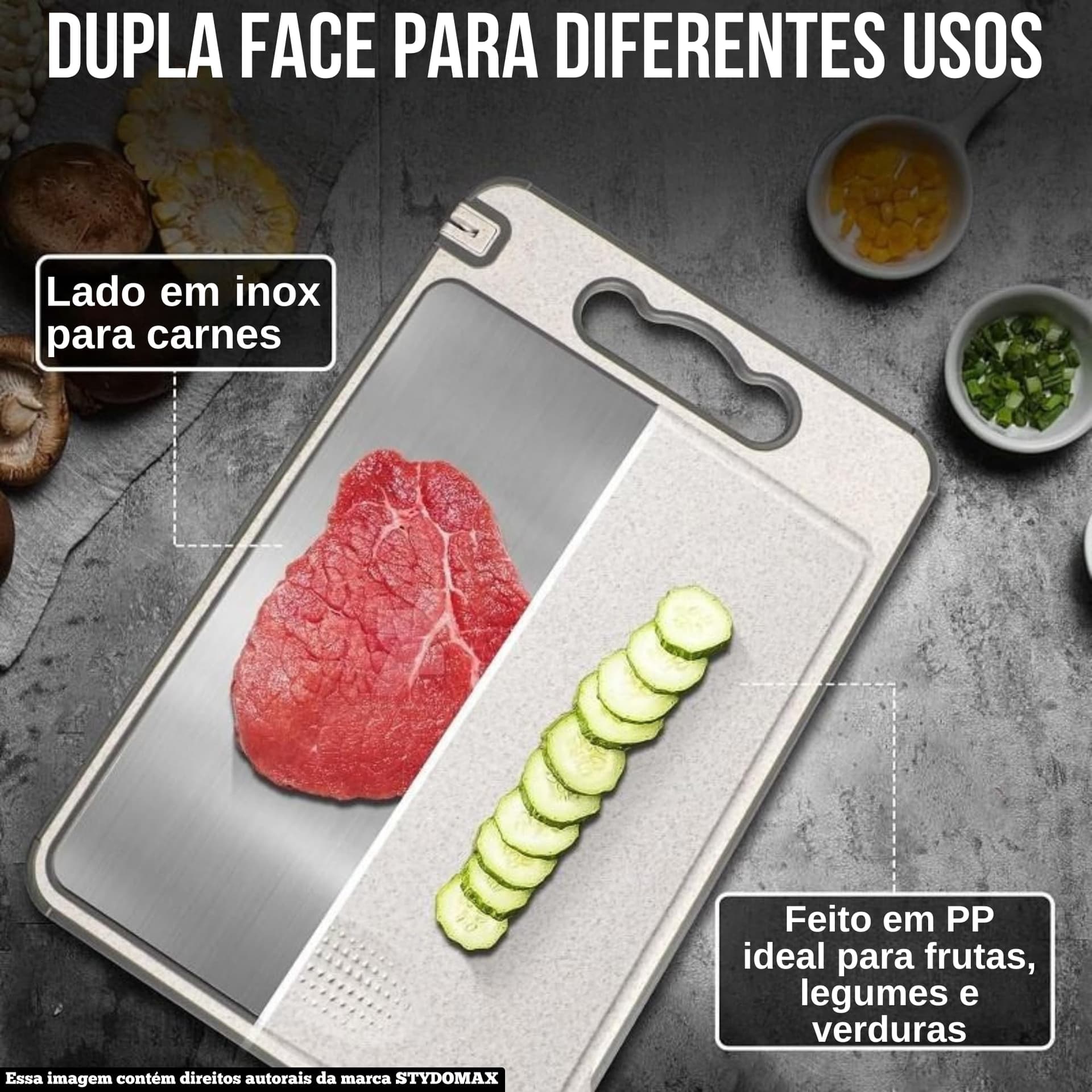 Tábua de Corte Inox Cozinha Dupla Face Aço Inoxidável e PP, Superfície Higiênica para Carnes, Frutas e Vegetais, Afiador Integrado Base Antiderrapante e Alça Ergonômica Premium thumbnail 3