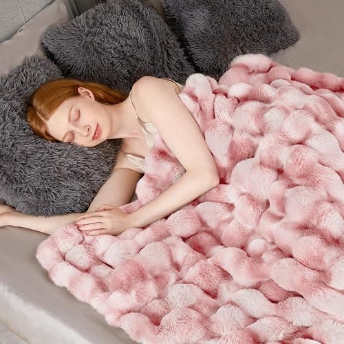 Luxury 1000GSM Faux Rabbit Fur Throw Blanket for Woman, Super Heavy Warm Cozy Blankets for Her for Couch Bed Sofa, Bubble Plush Fuzzy Elegant Soft Reversible Mink Blanket for Living Room Bedroom, Pink thumbnail 5