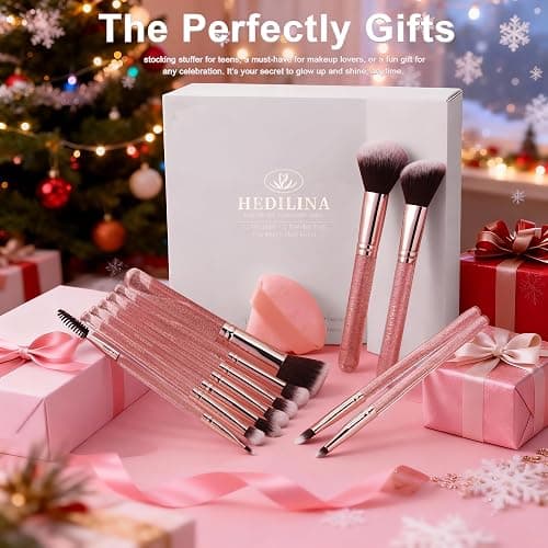 HEDIVIA Pink Makeup Brushes Set 14 Pcs Professional, Synthetic Foundation Concealer Powder Blush Eyeshadow Brushes with 2 Powder Puffs & Dual-ended Mask Applicator, Gifts for Women Teen Girls thumbnail 9