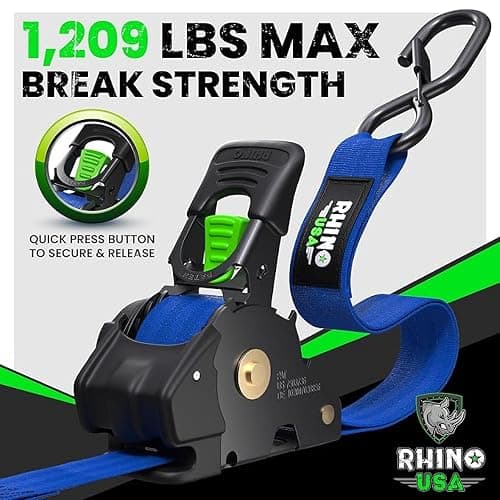 Rhino USA Retractable Ratchet Straps (2-Pack) - 1 Inch x 10 Feet (1,209lb Break Strength) - Auto Self Retracting Tie Down Straps for Truck, Cargo Trailer, Motorcycle, ATV, UTV - Blue thumbnail 2