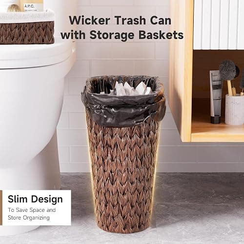 XLHOMO Bathroom Trash Can with Wicker Storage Baskets,12 Liter/3.2Gallon Small Trash Can Handwoven Waste Basket Narrow Small Garbage Can for Bedroom, Bathroom,Office thumbnail 4