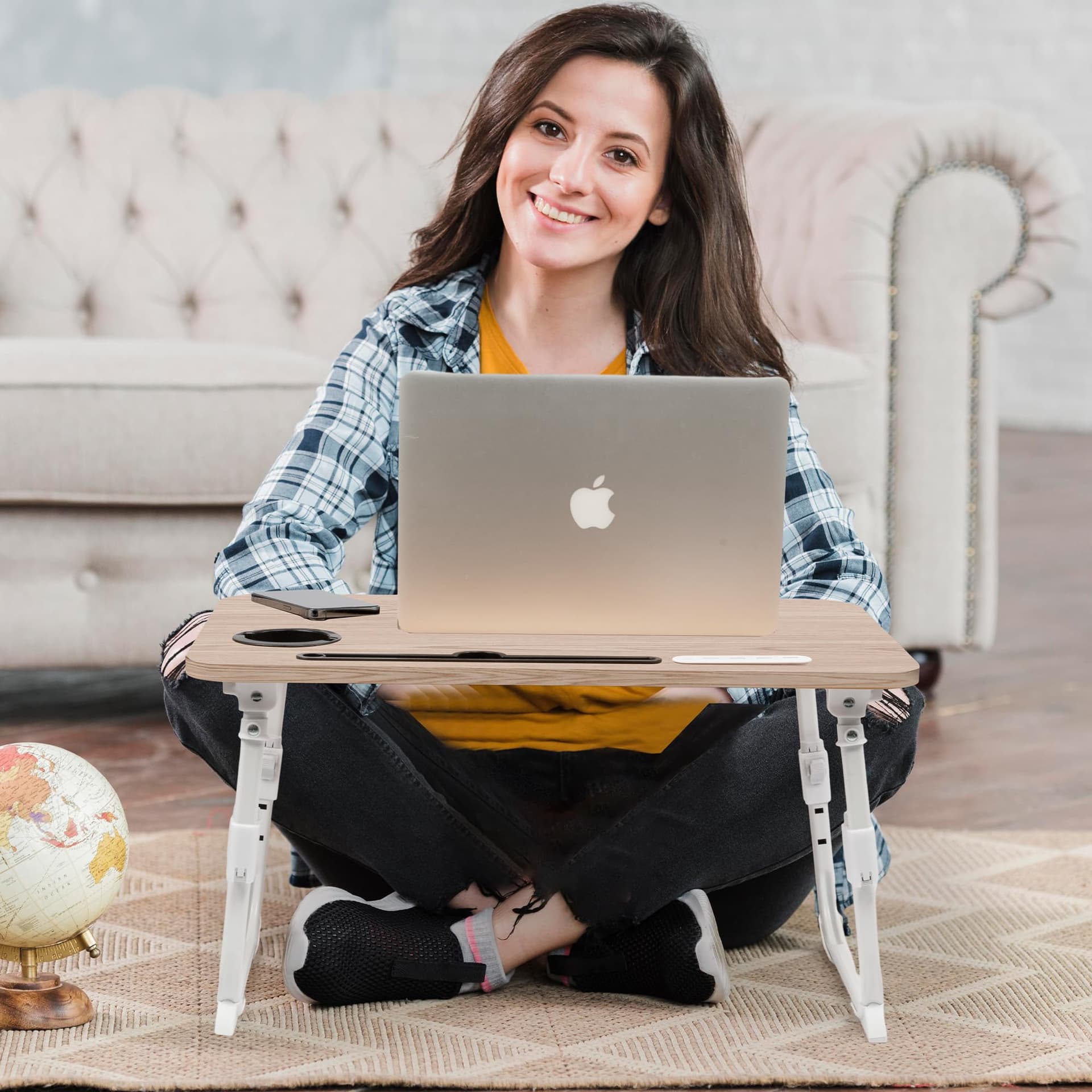 Laptop Desk for Bed Height Adjustable, Lap Bed Table with USB/Storage Drawer/Cup Holder/Tablet Stand/Book Shelf, Foldable Breakfast Tray Portable for Reading Writing, Sofa & Floor, Glacier thumbnail 8