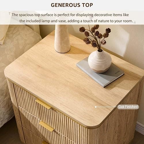 T4TREAM 24" Large Mid Century Modern Fluted Nightstand Set of 2 with 3 Drawers, End Table, Bedside Table for Bedroom, Living Room, Natural Oak thumbnail 5