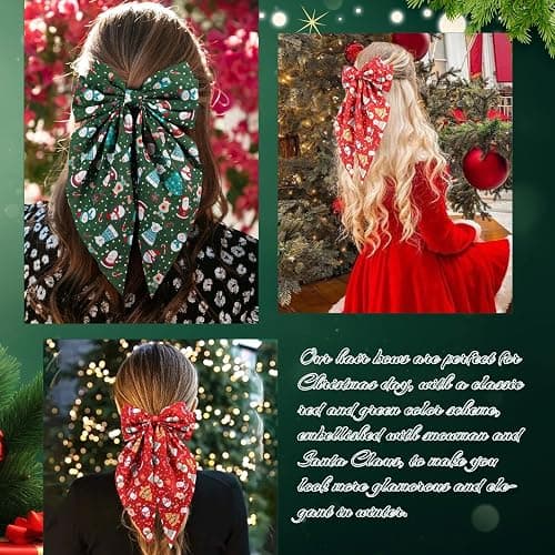 OAOLEER 2PCS Christmas Hair Bows for Women 8 Inch Red Green Satin Layered Hair Clips with Santa Claus and Christmas Tree Pattern Xmas Long Tail French Style Hair Accessories for Girls thumbnail 5
