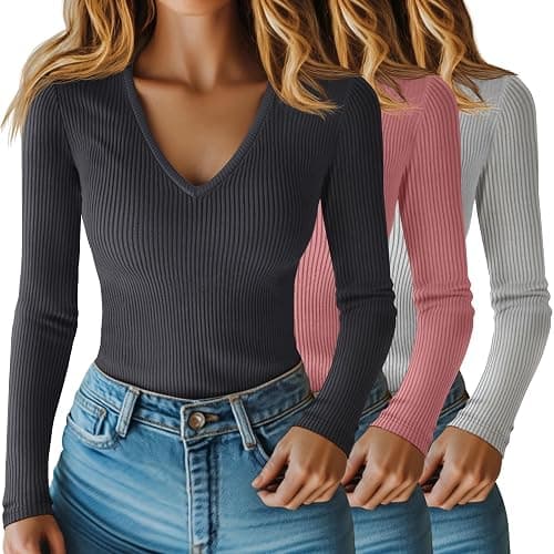 Riyiper 3 Pack Women Long Sleeve Shirts, 95% Cotton V Neck Ribbed Knit Tops Slim Fit Casual Going Out Tee Shirts - Image 1