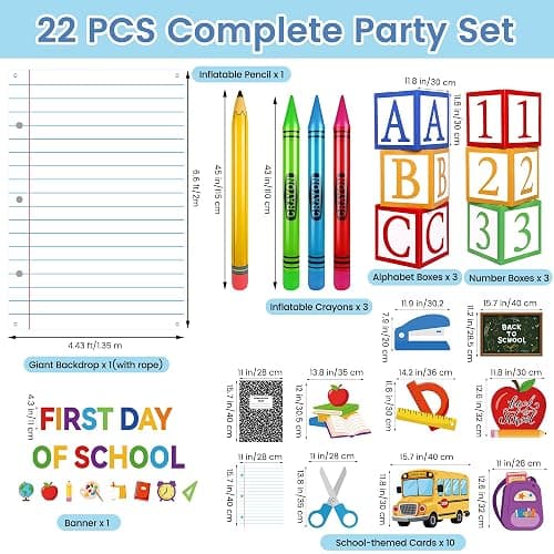 Fovths 22 Pcs Giant Back to School Theme Party Decorations 45 Inch Large Inflatable Pencil Crayon ABC 123 Alphabet Party Favor Box 6.6ft Backdrop Banner for Back to School Birthday Decor, Classic thumbnail 2