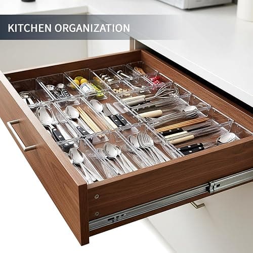 KITCHEN MONSTER 25 Pack Clear Drawer Organiser Set, 4 Size PET Storage Trays with Anti Slip Design, Stackable Drawer Dividers for Makeup, Bathroom, Kitchen and Office thumbnail 3