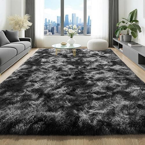 HQAYW 4x6 Black Grey Area Rugs for Living Room, Ultra Soft Fluffy Tie-Dyed Washable Non-Slip Rug, Plush Shaggy Modern Carpet for Kids Girls and Boys Dorms Nursery Bedroom Home Decor - Image 1