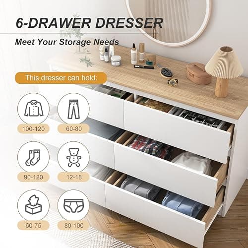 Spaco White Dresser for Bedroom with Oak Top,Modern 6 Drawer Dresser with Deep Drawer,Wide Storage Chest of Drawers,Bedroom Storage Organizer Furniture,TV Stand for Living Room thumbnail 4