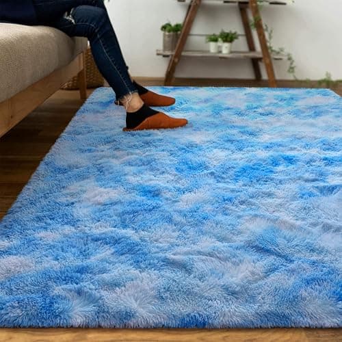 DweIke Fluffy Blue Shag Rugs for Bedroom Living Room, 3x5 Feet Soft Plush Tie-Dyed Light SkyBlue Girls Boys Kids Rug, Upgraded Non-Slip and Machine Washable Carpet for Dorm Nursery Classroom Decor thumbnail 2