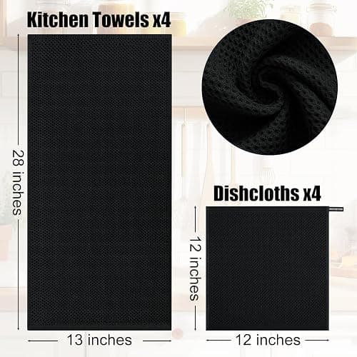 Kitinjoy 100% Cotton Kitchen Towels and Dishcloths Set, 8 Pack-13" x 28" and 12" x 12" Waffle Weave Dish Towels, Ultra Soft Absorbent Quick Drying Dish Rags, Black thumbnail 3
