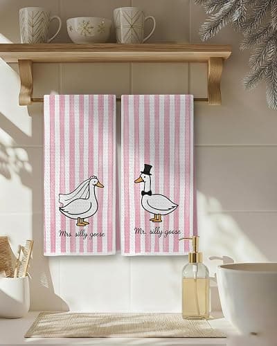 FGFK Mr and Mrs Goose Pink Striped Kitchen Towels 16x24 Inch, Wedding Gifts for Couples Newlyweds Dish Tea Towels for Kitchen Decor, Just Married Gifts Decorative Hand Towel for Bathroom, Set of 2 thumbnail 4