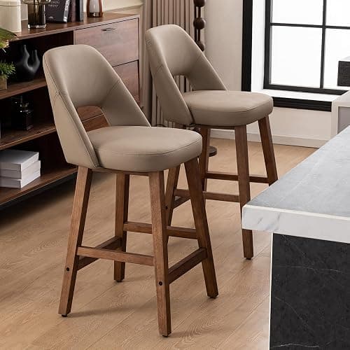 Rowill Counter Height Bar Stools Set of 4, 26 Inch Faux Leather Bar Stools with Back, Upholstered Barstools with Footrest, Wood Legs, Vegan Leather, Khaki thumbnail 7