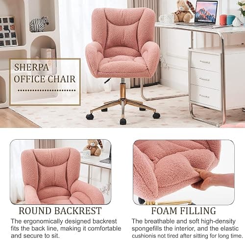 Anewome Swivel Office Desk Chair with Wheels Upholstered Sherpa Desk Modern Armchair Height Adjustable Computer Task Chair Boucle Makeup Vanity Desk with Gold Metal Frame, 38.2" H Pink thumbnail 3