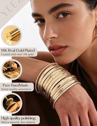 12Pcs Gold Bangle Bracelets for Women 14K Plated Adjustable Indian Boho Set | Stackable Layered Textured Bangle Set, Boho Gold Plated Bracelets, Lightweight Non Tarnish Jewelry, Great Gift for Women thumbnail 3