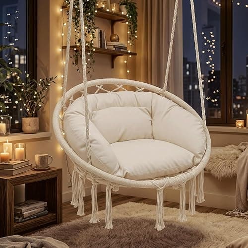 Magshion Hanging Hammock Chair with Cozy Full Cushion, Outdside Macrame Swing Chair with 350 Lbs Capacity, Ideal Accent Furniture for Living Room, Bedroom and Porch Relaxation and Enjoyment (White) thumbnail 4